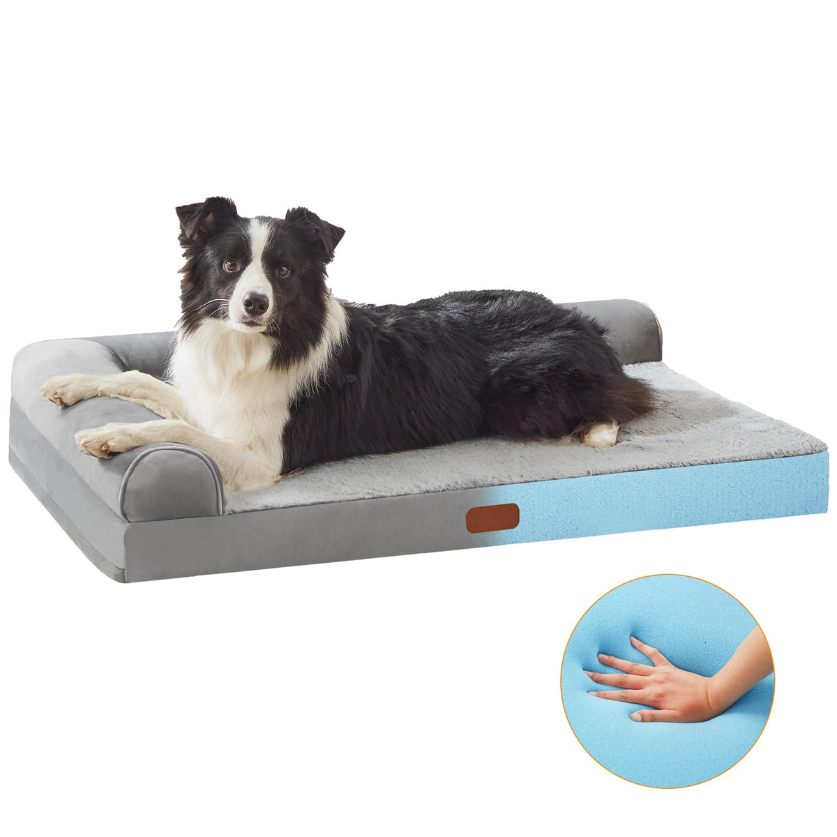 Memory-Foam-Hundebett für große Hunde, L-förmiges orthopädisches Hundebett mit abnehmbarem, waschbarem Bezug, Hundesofa mit Rand und rutschfester Unterseite für Hunde bis 25 kg (89 cm x 66 cm x 18 cm)