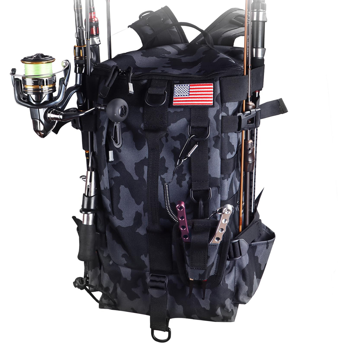Large Fishing Tackle Backpack with Built-In Rod Holders