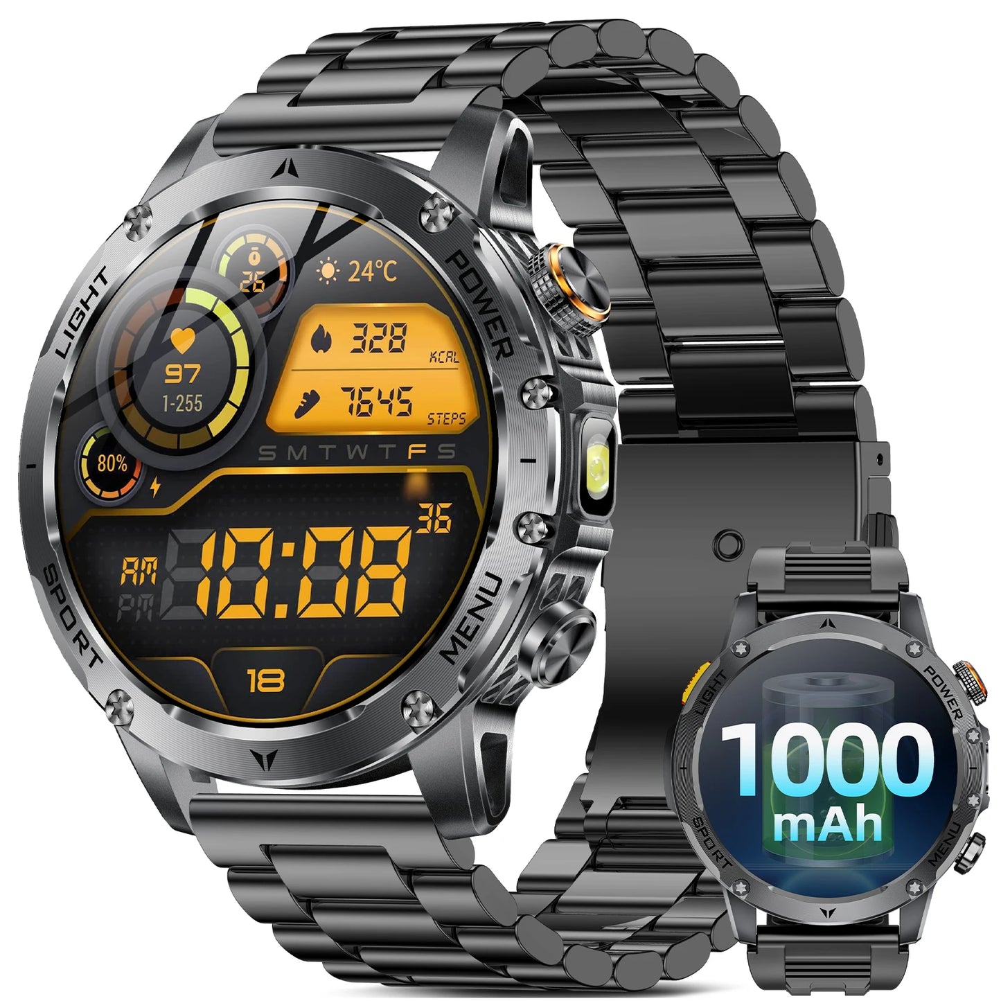 2026 Military Smart Watch Men 1.7" HD Screen 1000mAh 100+ Sport Modes Bluetooth Call Flashlight 24H Health Monitor Waterproof Smartwatch