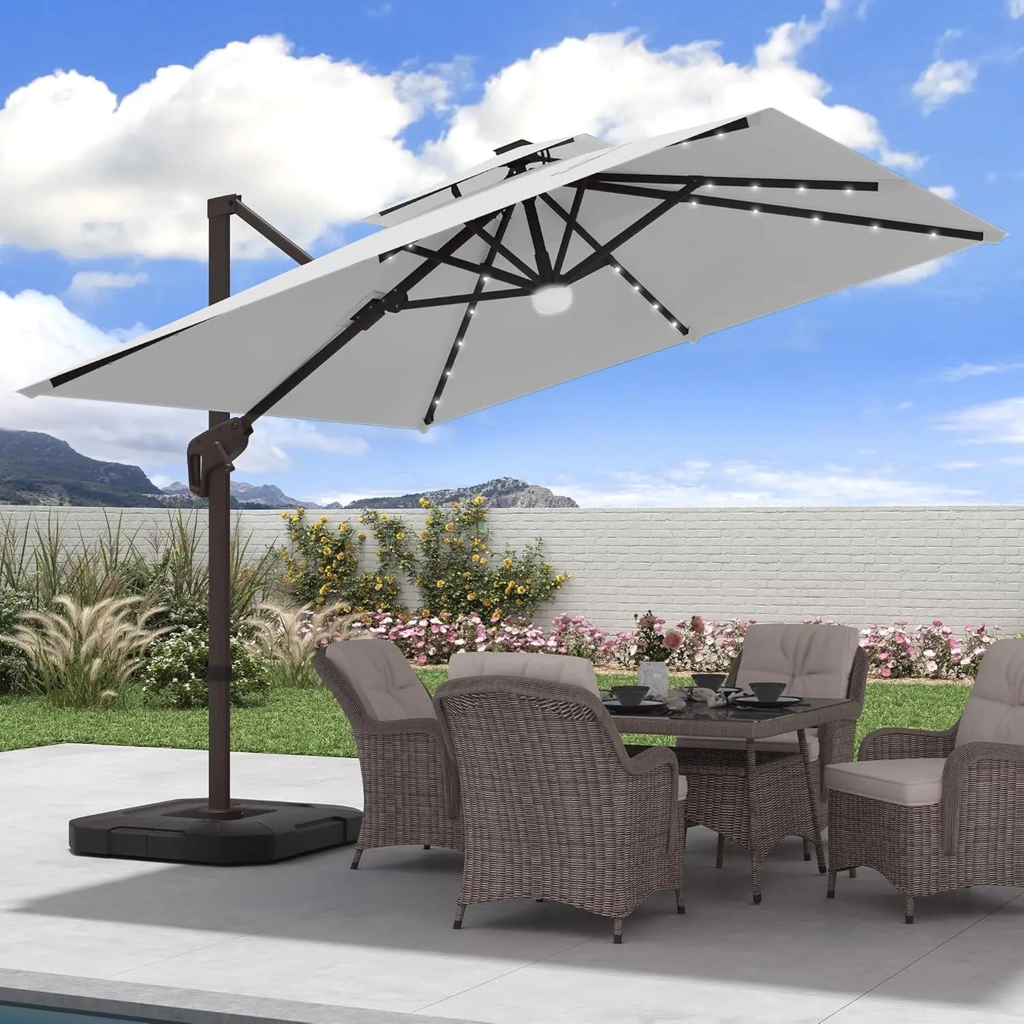 9x9 FT Outdoor Cantilever Patio Umbrella with Base Included and Solar LED Lights, Large Heavy Duty 2-Tier Square, Customized