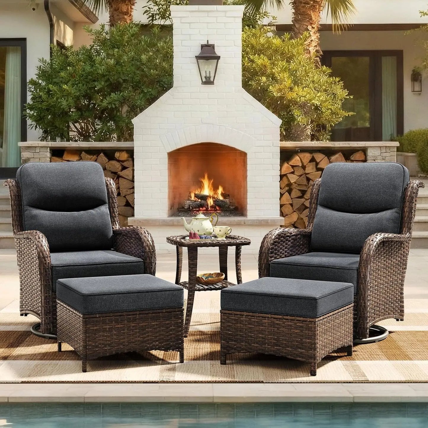 Luxury Patio Furniture Set with 6-inch Thick Cushion, Outdoor High Back Swivel Rocker Patio Chairs, 5PCS Wicker, Customized