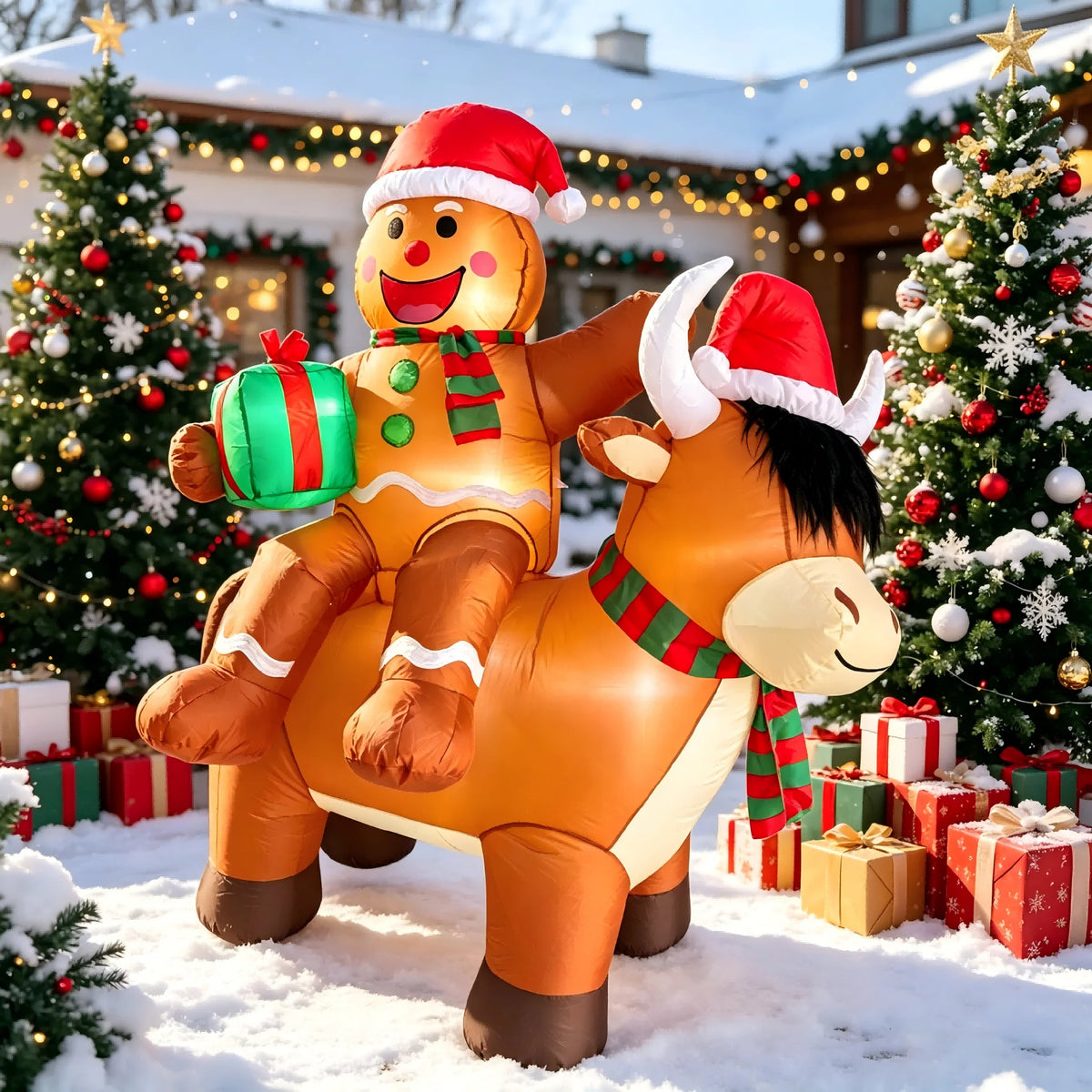 6FT Christmas Inflatables Gingerbread Man on Highland Cow Outdoor Decorations,