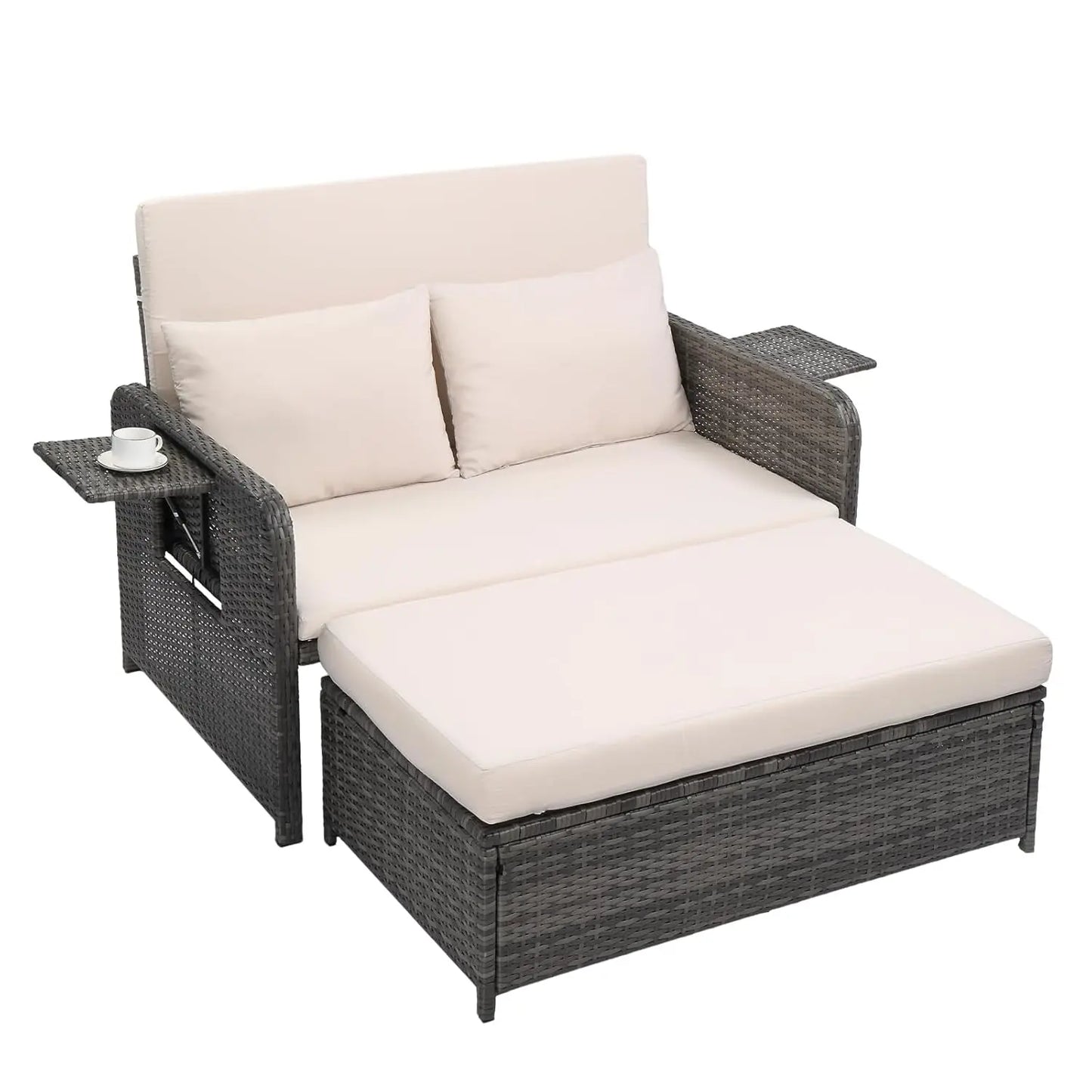 Patio Daybed, Wicker Outdoor Daybed with Storage Ottoman & 5-Level Adjustable Backrest, All-Weather Rattan Cushioned, Custom