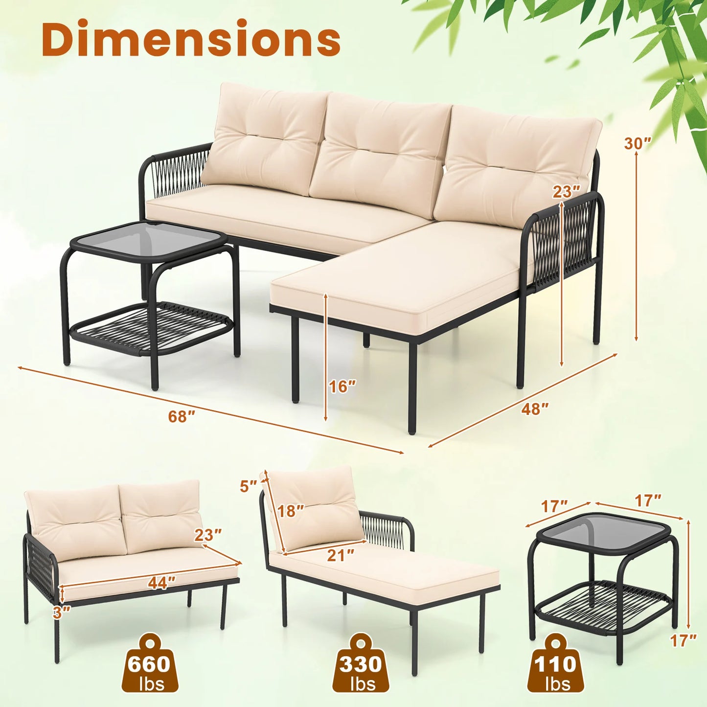 3-Piece L Shaped Patio Furniture Set w/Tempered Glass Table Back & Seat Cushions