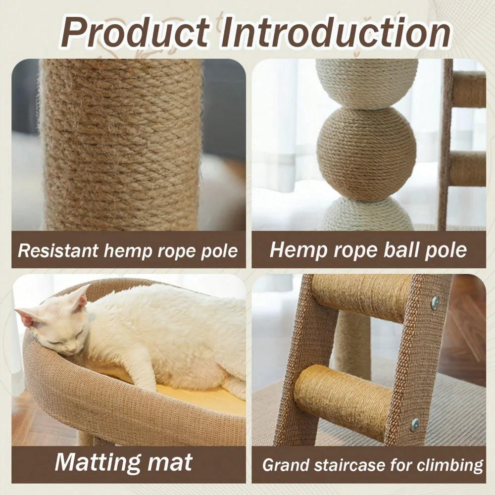 Multi-Level Cat Tree for Indoor Cats with Scratching Post, Large Bed, Cooling Mat, Ladder, Sisal Balls and Stable Base