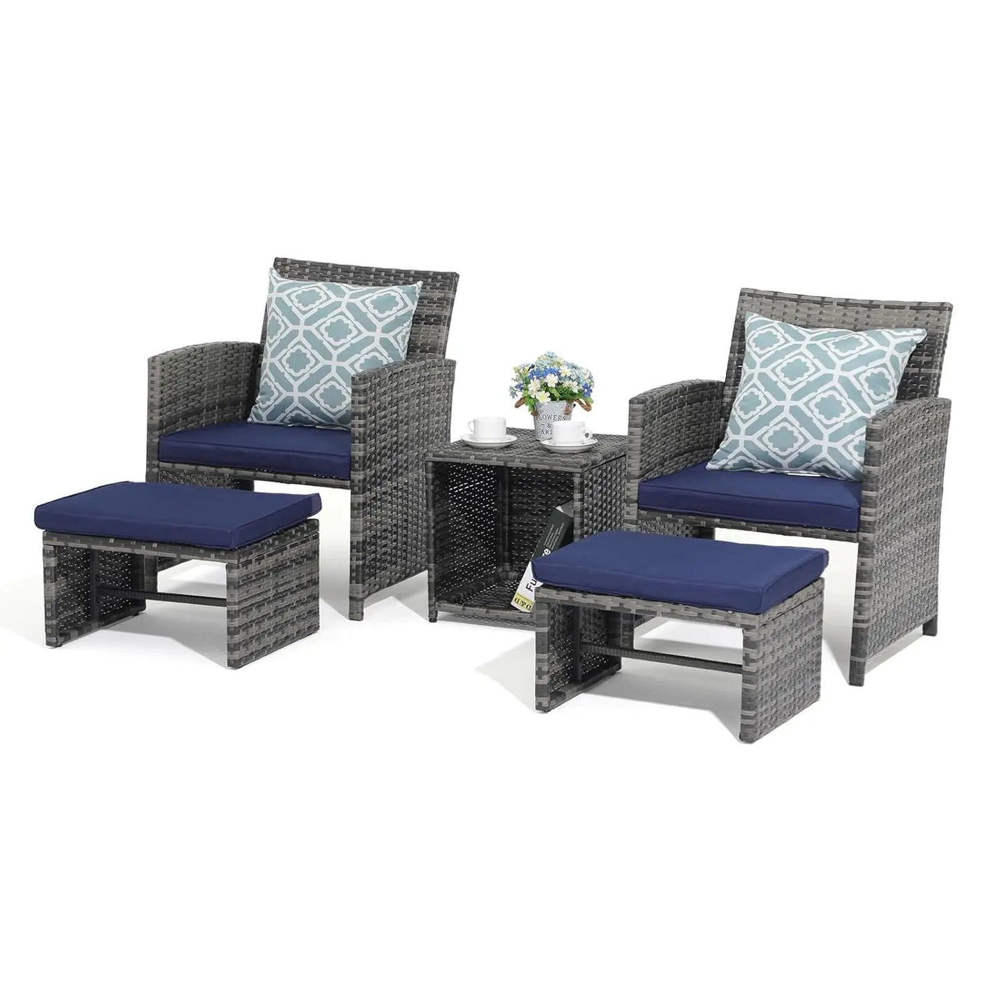 5 Piece Patio Furniture Set, Wicker Outdoor Conversation Chair and Ottoman Set with Coffee Table, Pillows Included,, Customized
