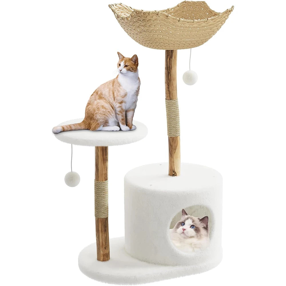 Real Wood Modern Cat Tree Tower With Wicker Condo Scratching Post Bed Boho Luxury Pet Furniture Indoor Cats Space-Saving