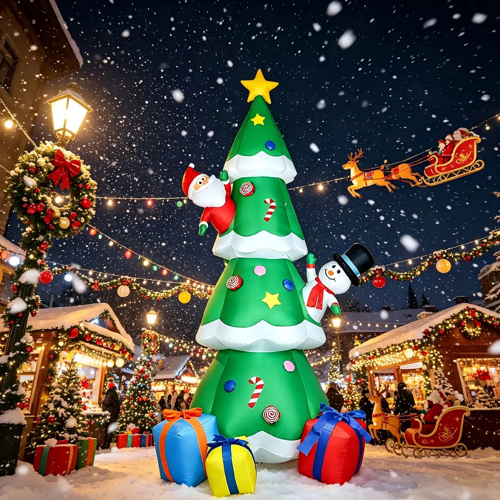 9FT Blow Up Christmas Tree with Santa & Snowman, Built-in LED Lights,