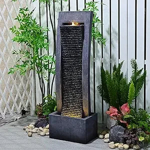 Modern Indoor Water Fountain Curved Faux Slate Waterfall Fountain with LED Lighting, 42.5-Inch Tall Tiered Waterfall Fountain fo
