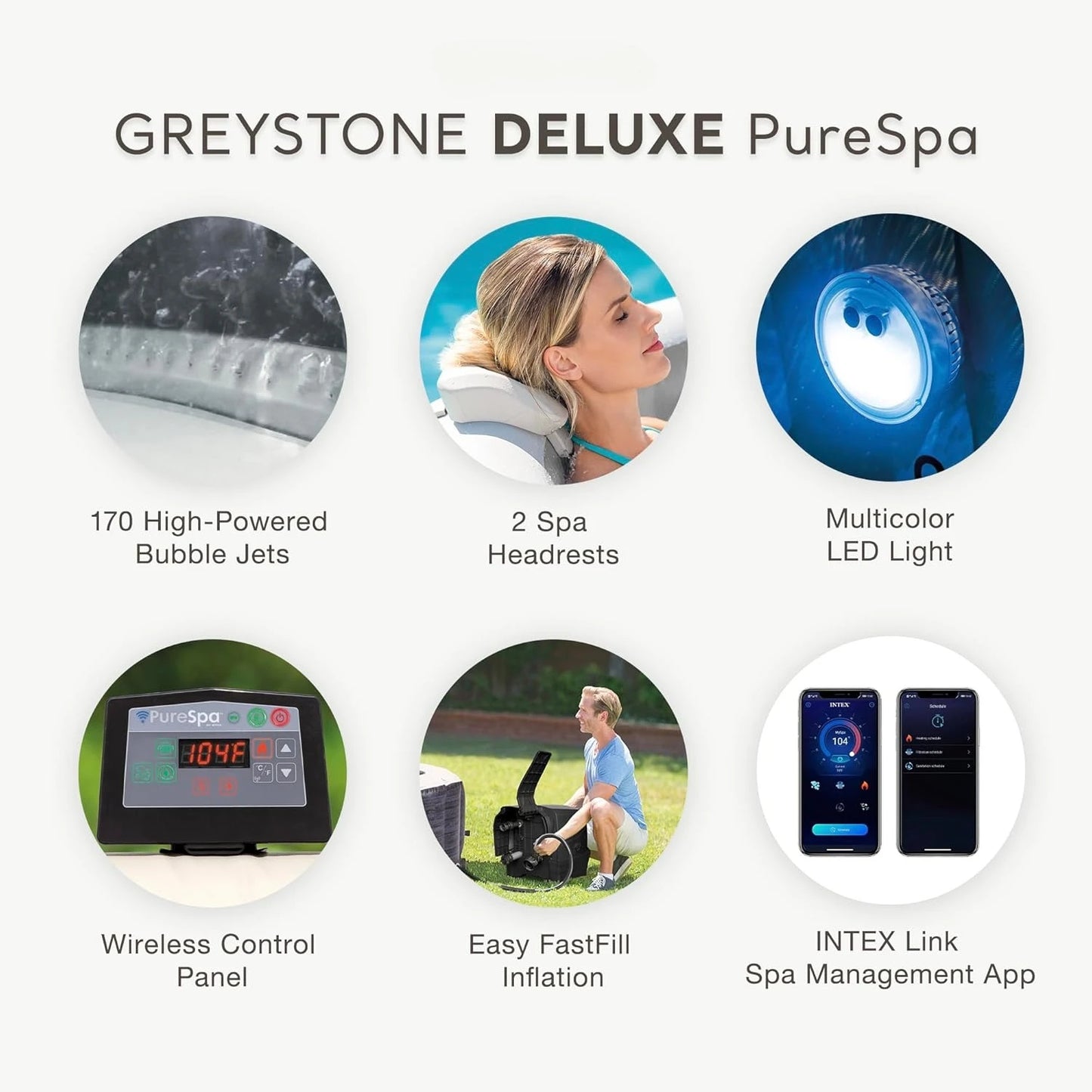 PureSpa Greystone Deluxe 6 Person Square Inflatable Hot Tub, Bubble Massage Spa Set with Energy Efficient Cover, 2, Customized