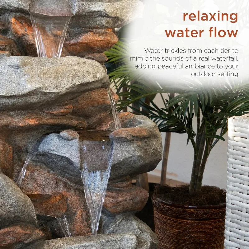 WIN316 40" Floor Fountain – 4-Tiered Rock Water Feature with Cascading Streams & White LED Lights – Tranquil