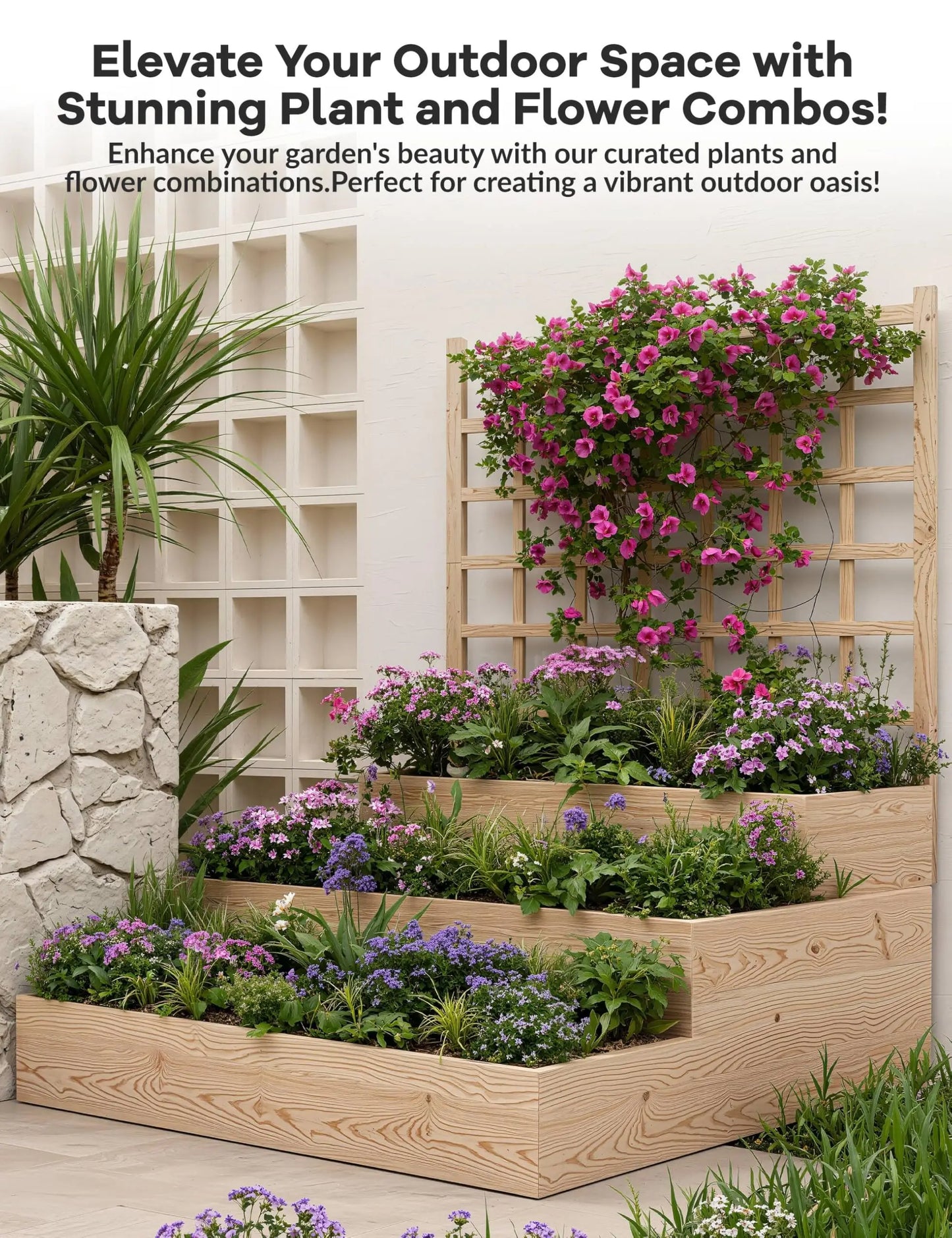 3-Tier Elevated Garden Bed with Trellis - Wooden Vertical Planter Box for Vegetables, Flowers, Herbs & Climbing Plants - Outdoor