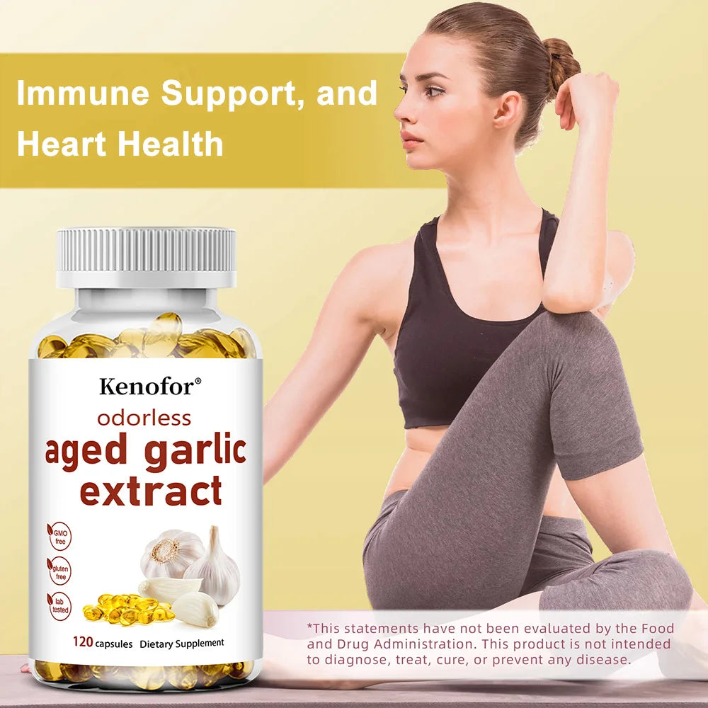 Odorless Aged Garlic Extract Capsules, Health & Energy Support, Cleansing and Detoxification, Non-GMO, Non-Soy