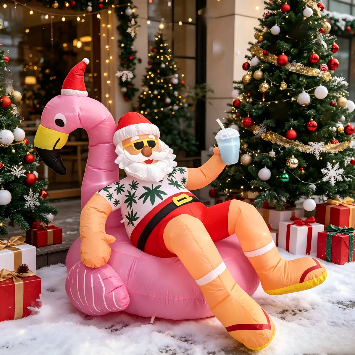 8.2FT Christmas Blow Ups Santa on Flamingo, Hawaiian Christmas with Built-in LED Lights,