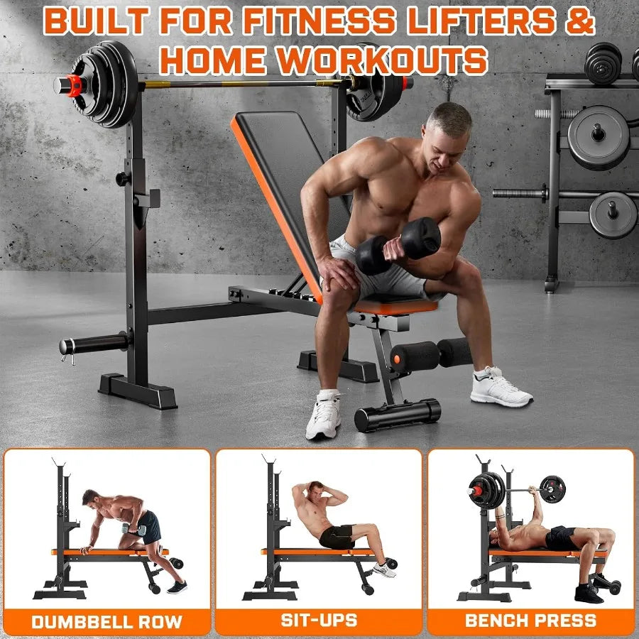 Adjustable Weight Bench with Squat Rack, 770lbs Heavy Duty Bench Press for Home Gym, Multi-Function Flat Incline Workout Bench
