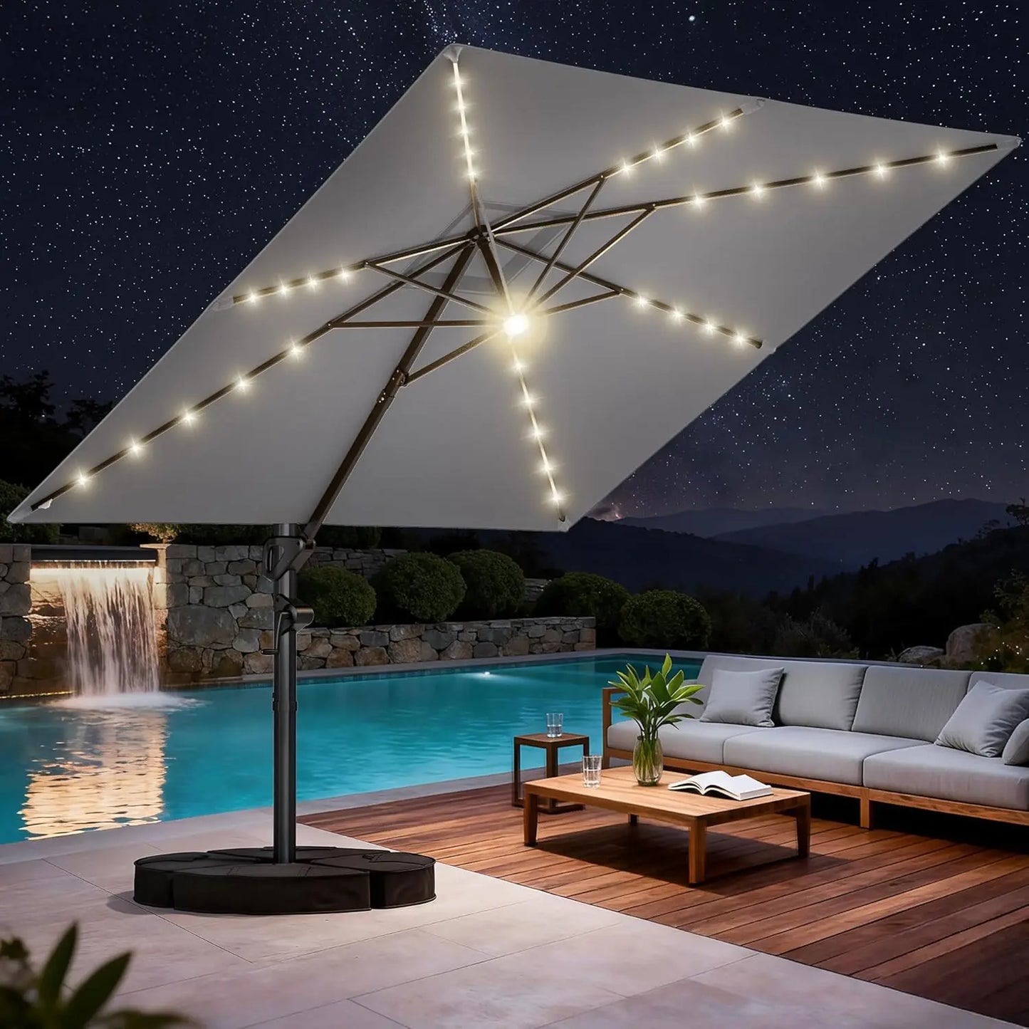 10 ft Square Cantilever Patio Umbrella with Base Included, Solar Lights Large Umbrella Outdoor Patio with, Customized