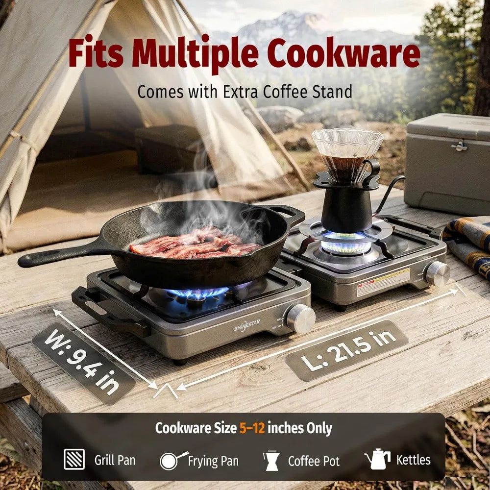 2 Burner Camping Stove, 24000 BTU Portable Propane Stove with Brass Burner, Foldable Gas Stove with Windshield & Coffee Stand for Outdoor Cooking