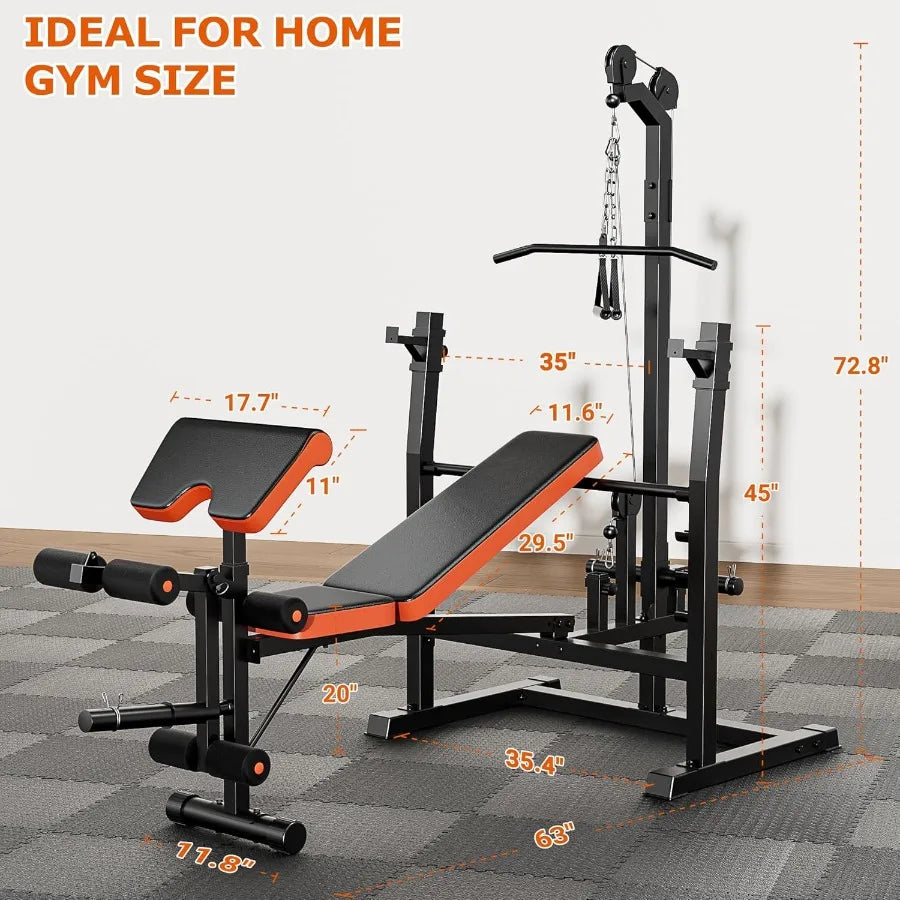Home gym strength training bench: 9-in-1 adjustable weight bench with lat pulldown, row, squat rack & Leg Curl