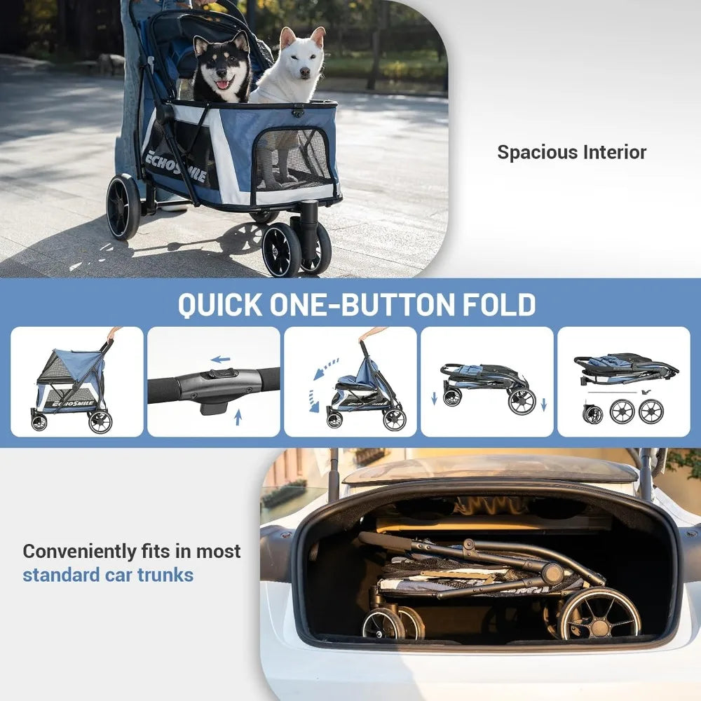 Foldable Pet Stroller for Medium & Small Dogs, 3-Wheel with Brakes, All-Terrain Carrier with Breathable Mesh, Safety Leash & Storage Pocket
