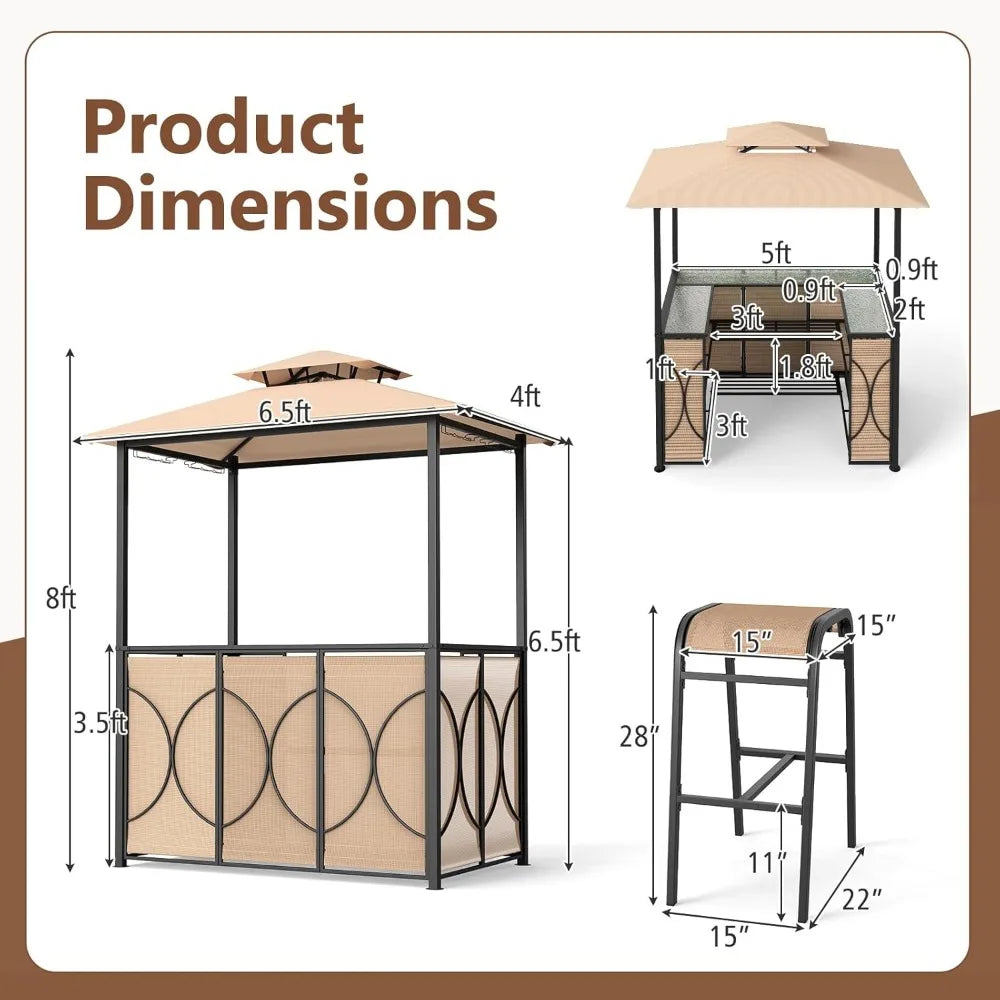 3-Piece Patio Bar Set, Grill Gazebo & 2 Bar Stools with Tempered Glass Bar Table, Metal Storage Shelves, Glass, Customized