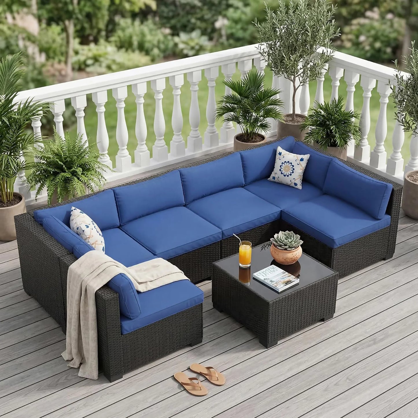 7-Piece Outdoor Patio Furniture Sectional Sofa Set With Ottoman & Storage Table, PE Wicker Conversation Set Poolside Backyard