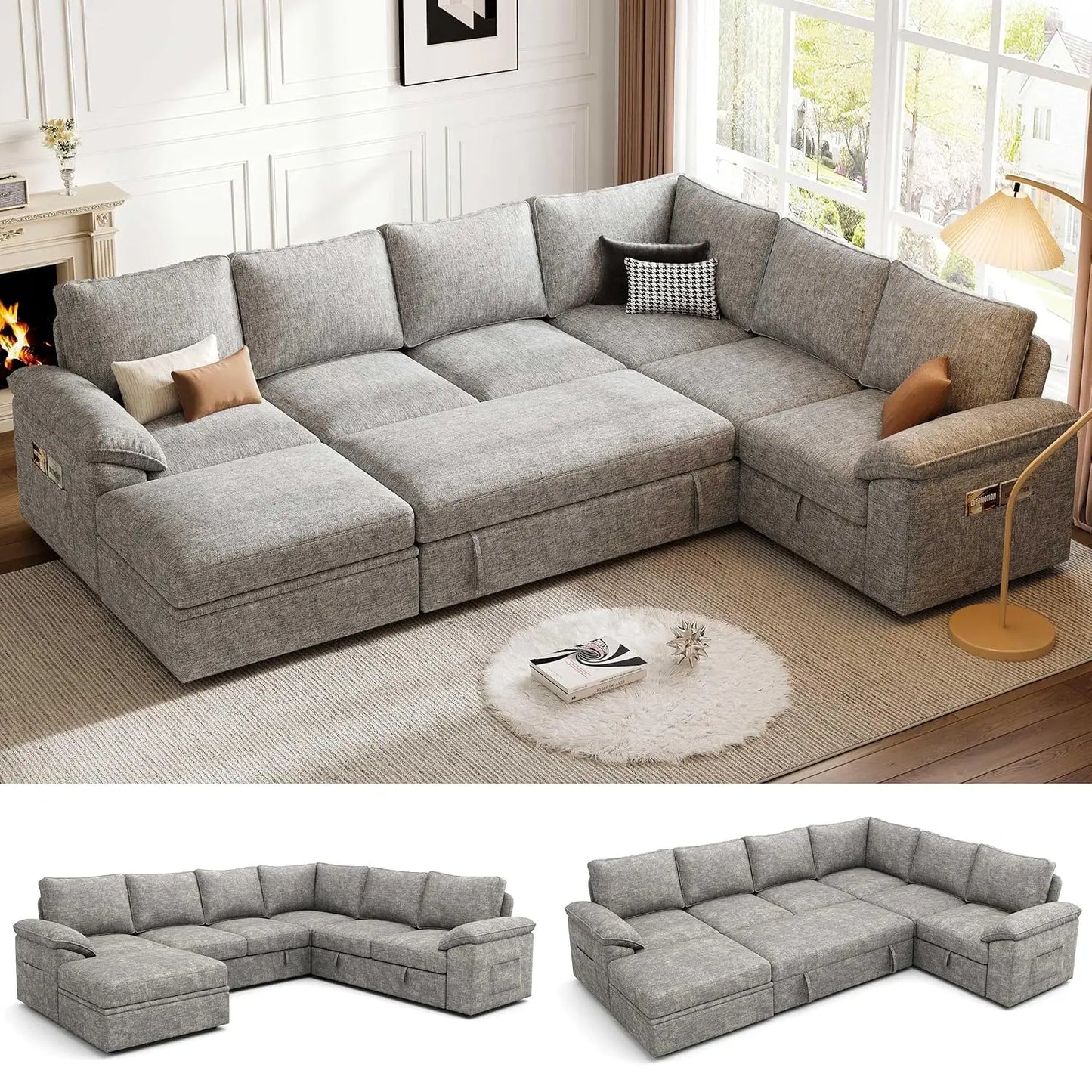 108 Inch Modular Sectional Sofa with Pull Out Bed, U Shaped 7 Seat Sectional Sleeper Sofa with Storage, Sectional, Customized