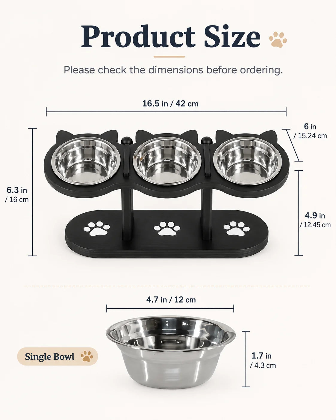 15° Tilted Elevated Cat Bowl Stand with 3 Stainless Steel Bowls for Cats, Puppies and Small Pets, Detachable, Easy to Clean