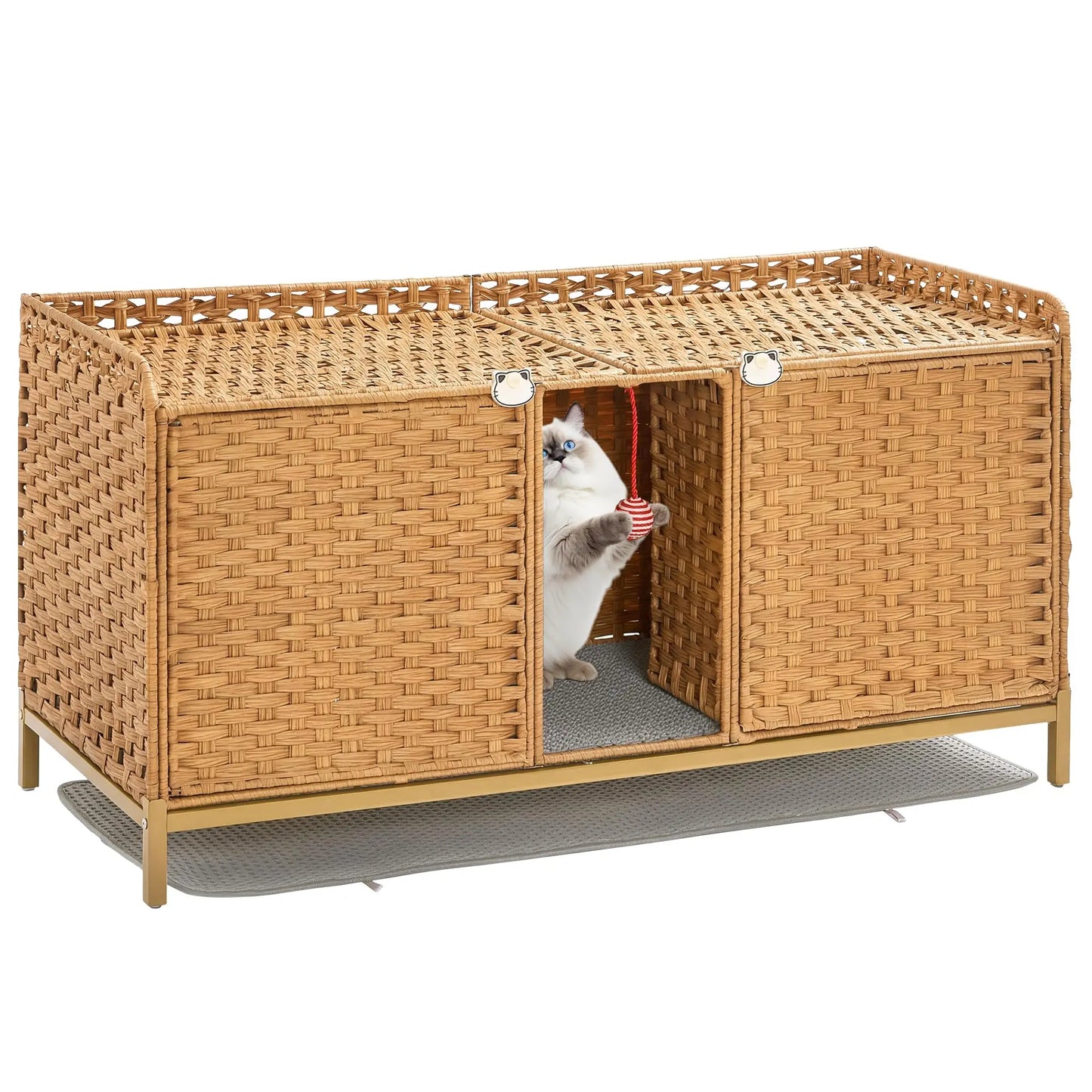 Rattan Double Cat Litter Box Enclosure - Hidden Cabinet for 2 Cats with Removable Mat, Play Game & S-Shaped Hooks - Large Decorative Cat Washroom Furniture for Living Room or Bedroom