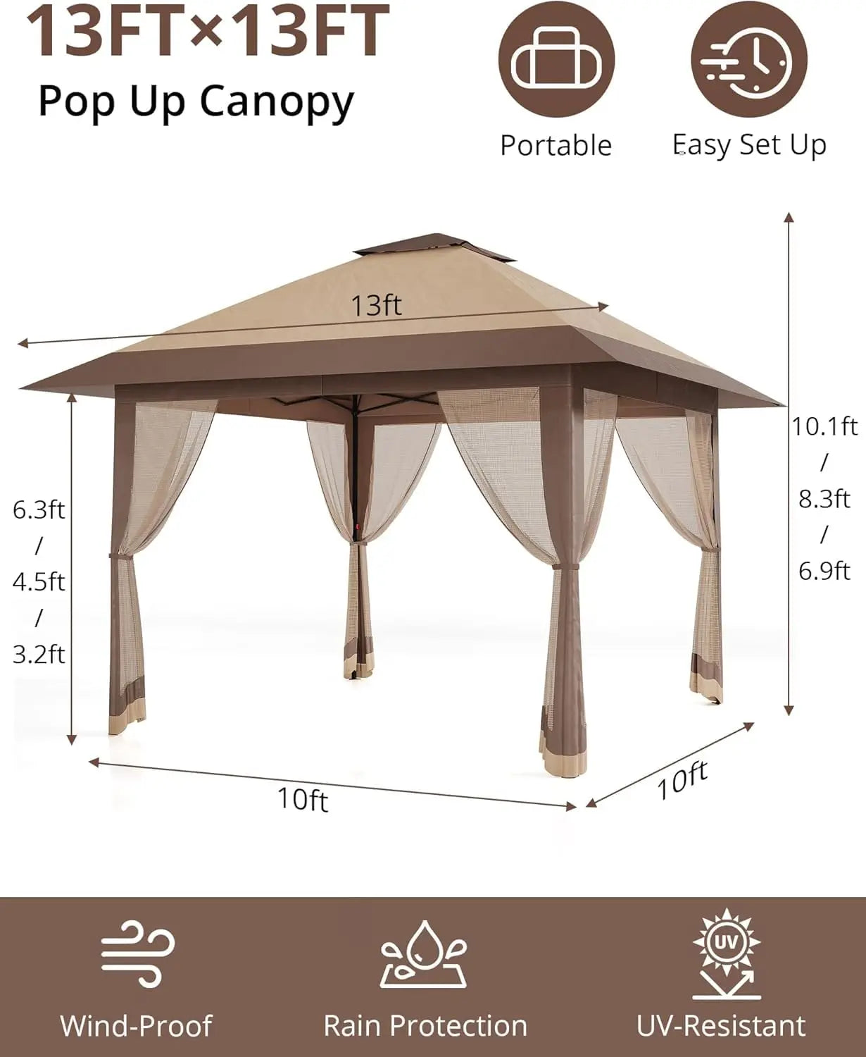 Pop-Up Outdoor Gazebo 13x13FT with Double Roof, Mosquito Netting, Adjustable Height, UV-Resistant Heavy-Duty Patio Canopy Tent