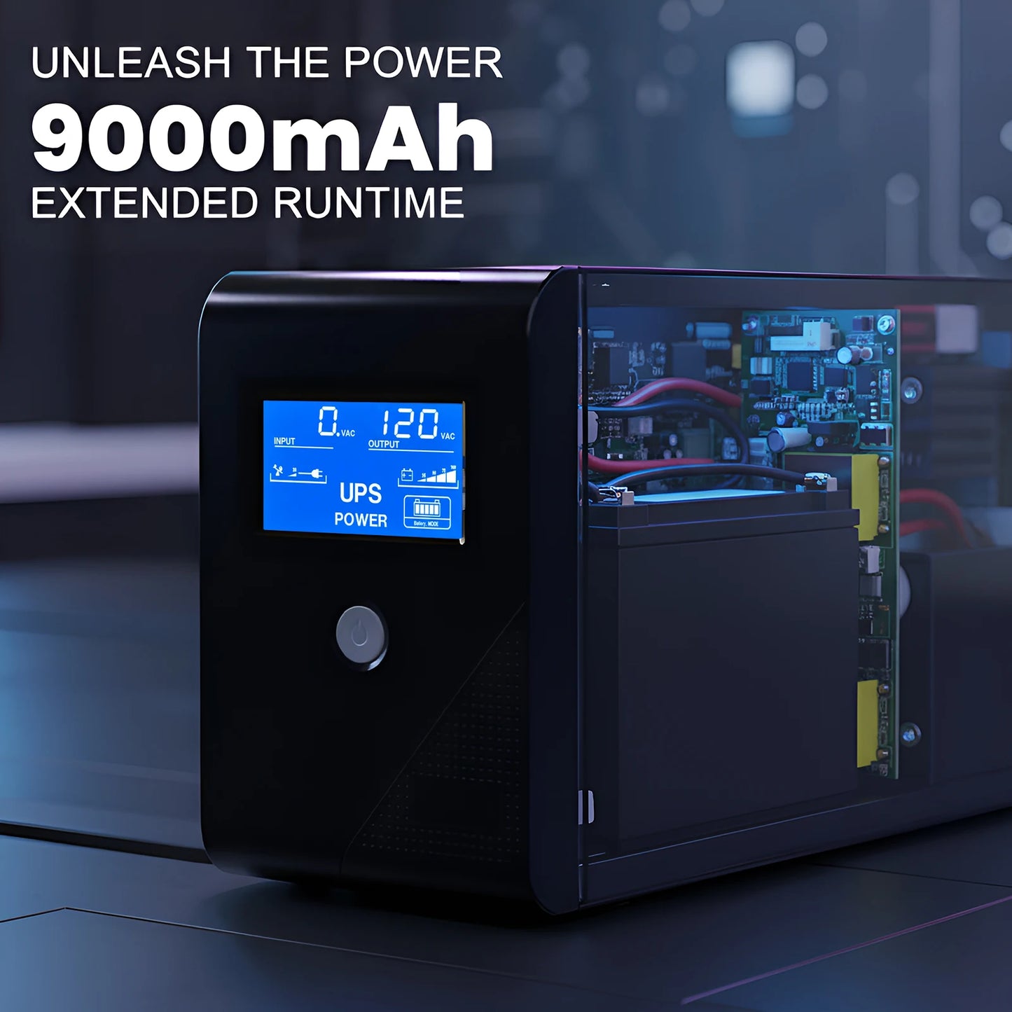 1000VA UPS Power Supply 600W Battery Backup Power with 3 Outlets Intelligent LCD Display Power Outage Protection