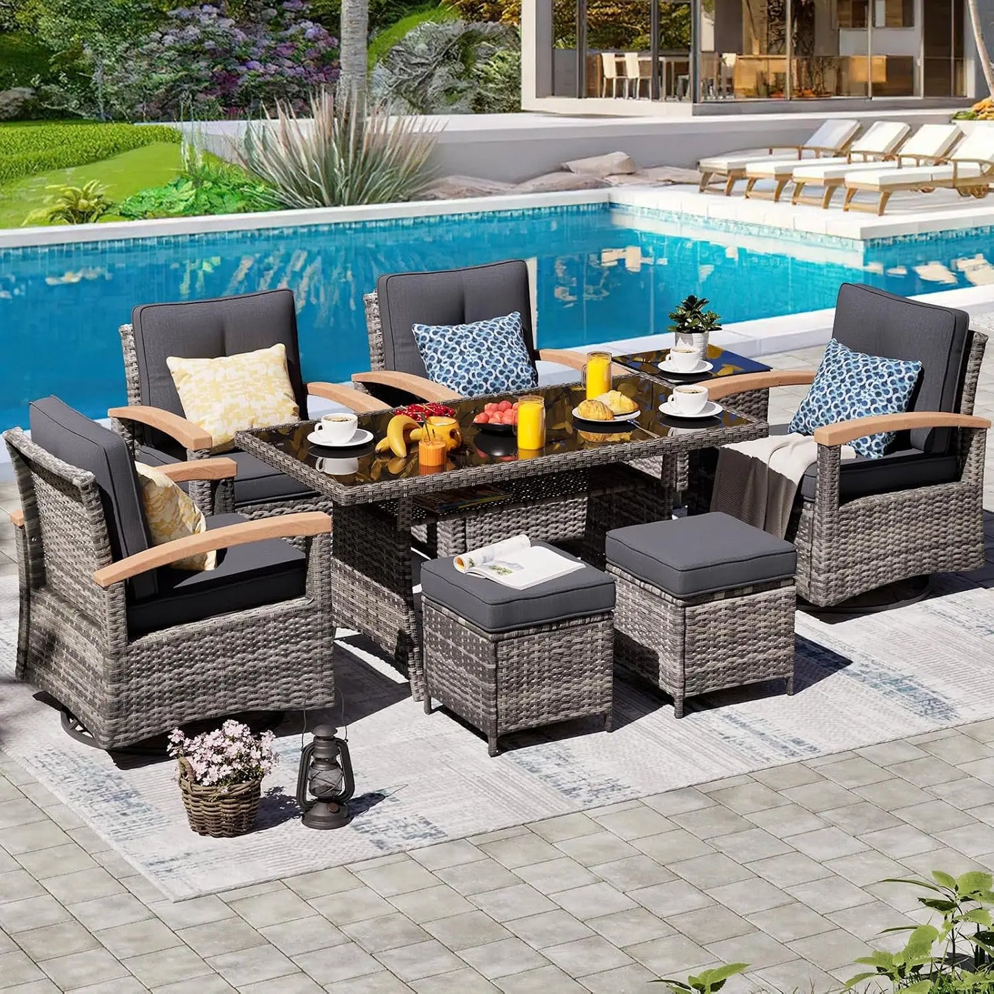 8 Pieces Patio Furniture Sets, PE Wicker Outdoor Conversation Sets with 2 Wood Armrests Swivel Rocker Chairs, 2, Customized