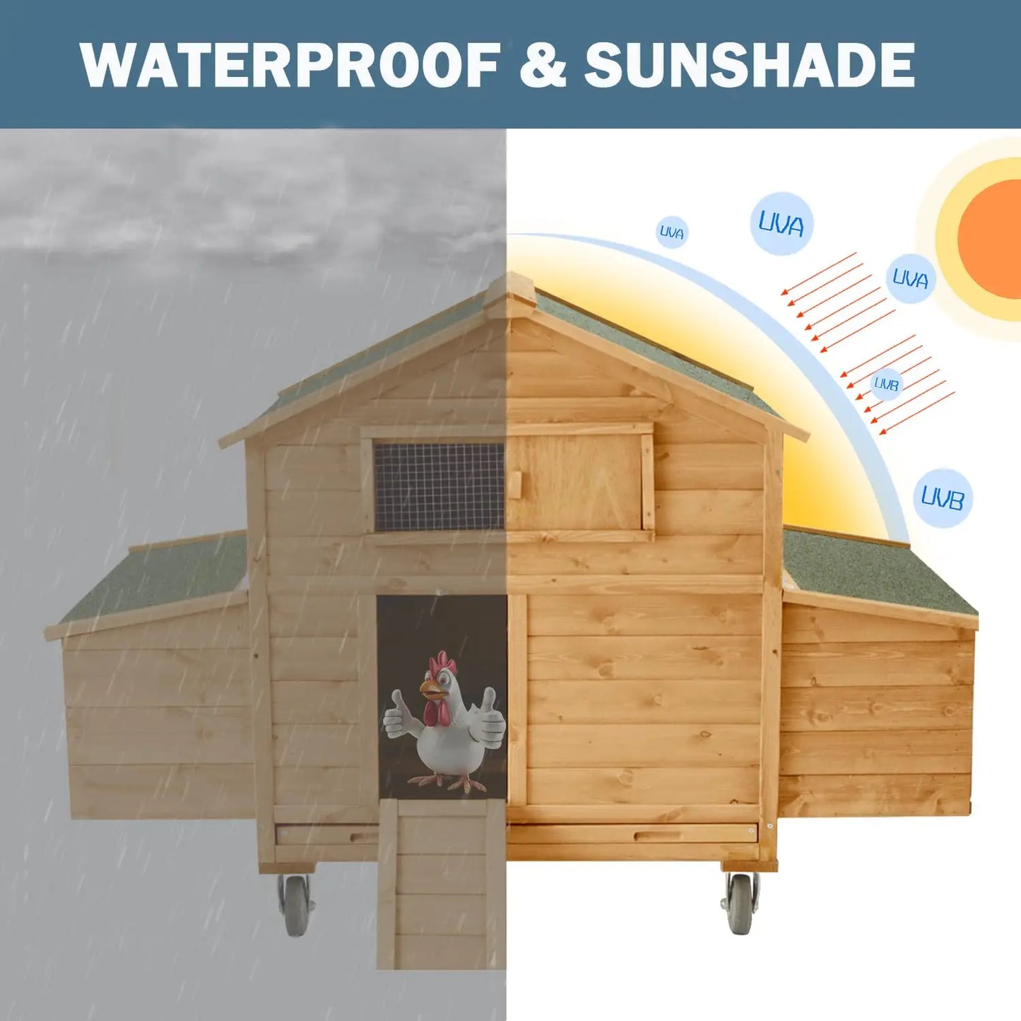 Large Chicken Coop with Wheels, Waterproof Outdoor Hen House for 6-8 Chickens, Movable Chicken House with Two, Customized