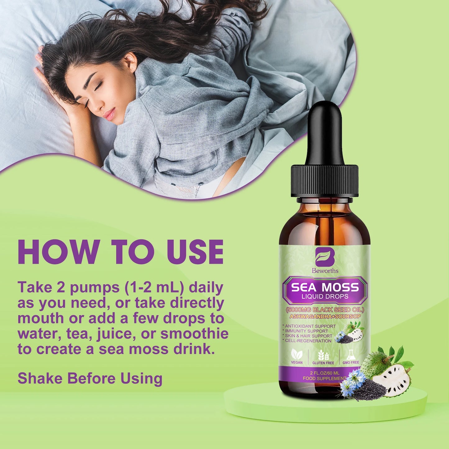 BEWORTHS 60ML Sea Moss Extract Drop Support Immunity and Kidney Health, Promote Digestion and Antioxidation