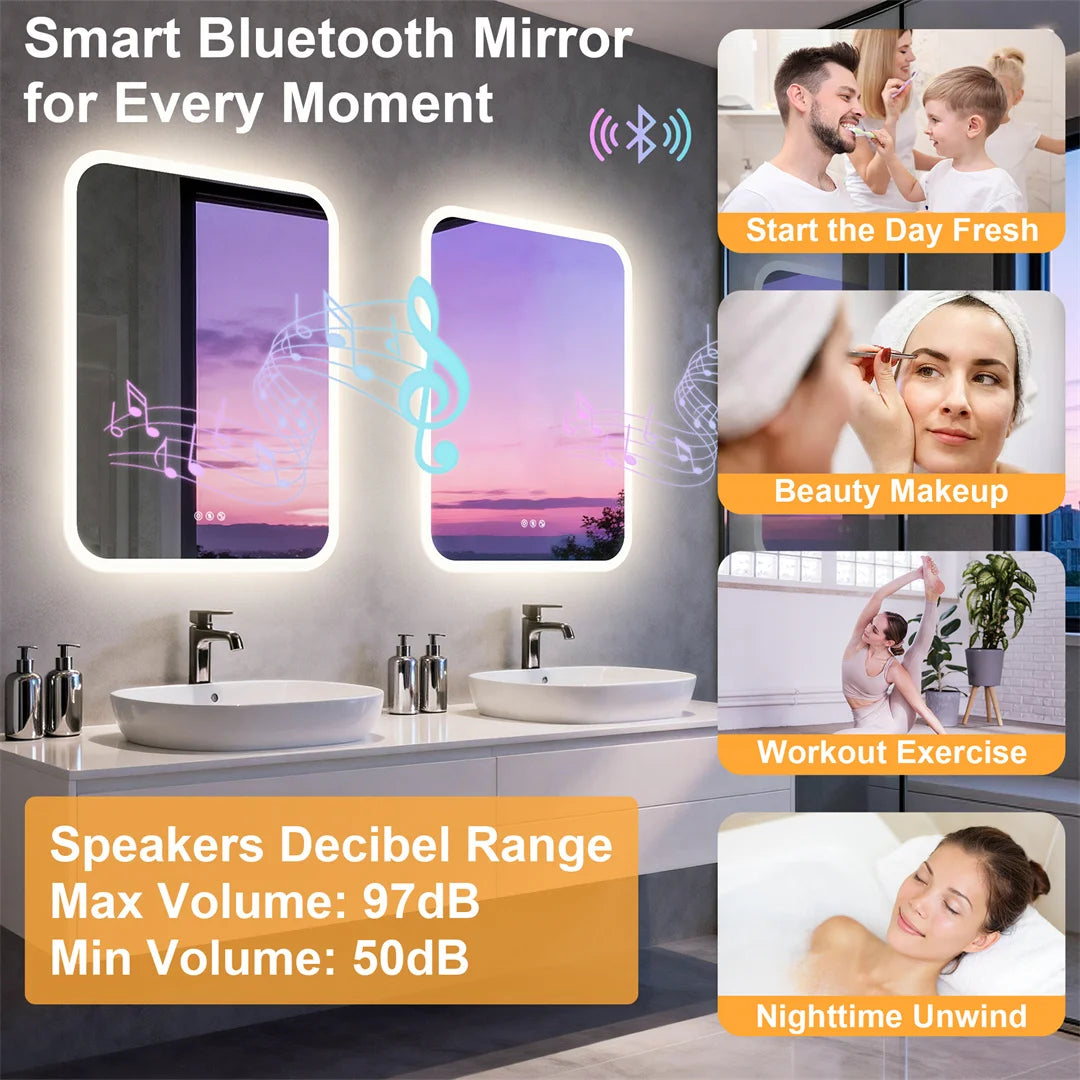 LUVODI 60x80cm Rectangle Smart LED Bathroom Mirror with Bluetooth Speaker - Anti Fog Illuminated Vanity Makeup Mirror Dimmable 3 Colors Wall LED Backlight