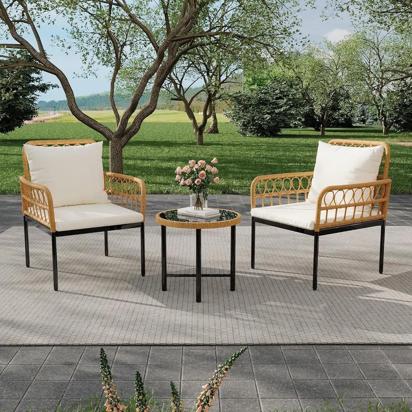 3-Piece All-Weather Wicker Rattan Bistro Patio Furniture Set with Glass Table and Thick Cushions, Beige - Ideal for, Customized