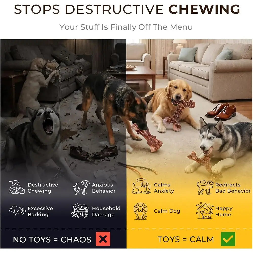 3-Pack Indestructible Dog Chew Toys or Aggressive Chewers: Bacon Flavored Rock-Hard Solid Nylon, Tough Dog Bones for Medium/Larg