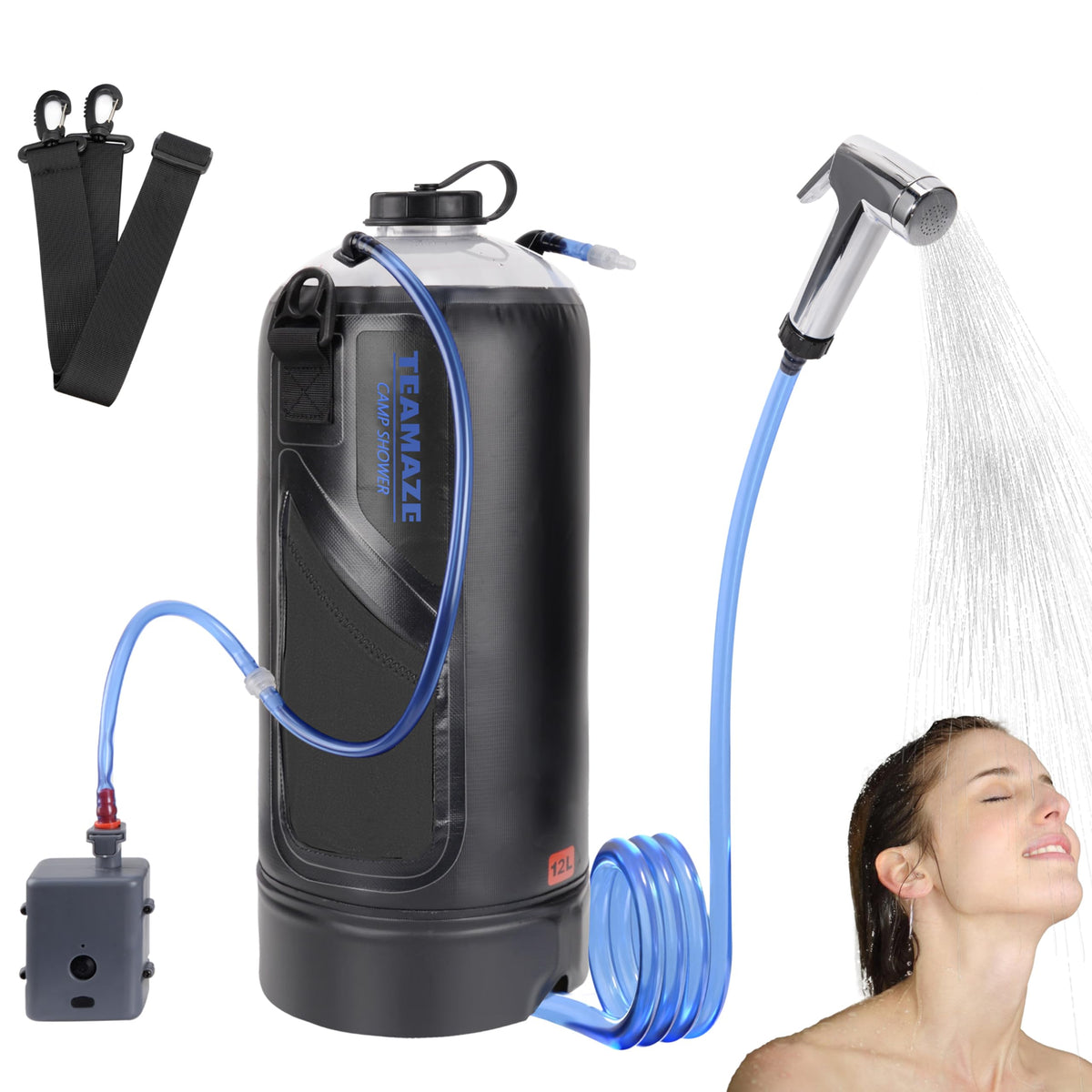 Teamaze Camping Shower12L Portable Camp Shower Bag with Upgraded Screw Lid Auto Pressure Pump Solar Shower Camping Shower Head for Beach Camping Hiking Traveling Washing