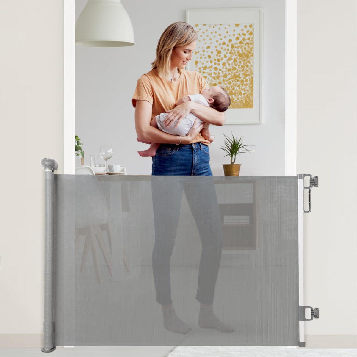 Barrière de sécurité rétractable pour bébé/chien, barrière en filet, extensible jusqu'à 140 cm de large et 84 cm de haut, adaptée aux escaliers/couloirs/intérieur et extérieur (gris)