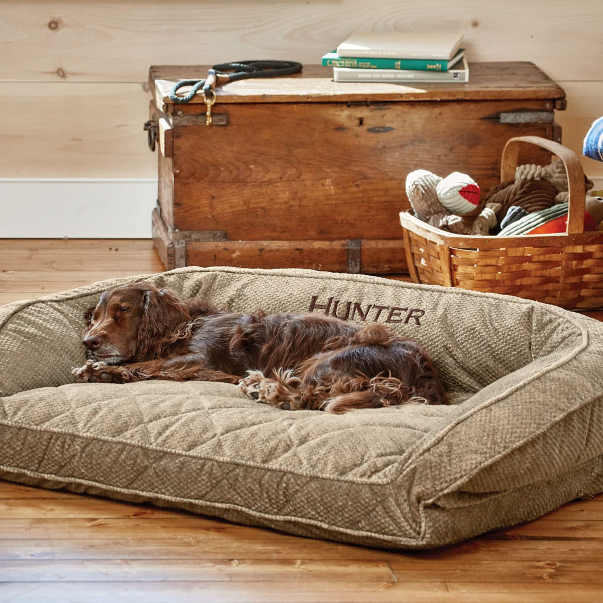 Cuccia per cani Orvis ComfortFill-Eco Bolster - Cuccia rettangolare in peluche con bordo rialzato su tre lati per appoggiarsi, tweed marrone - Media