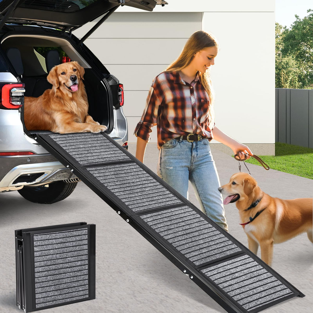 CJYMMFAN Rampe de voiture extra-longue pour chien 170 cm (L) x 43 cm (l), rampe pliable pour animaux avec surface antidérapante, escalier pour chien pour monter dans un SUV/camion et marches d'extérieur pour grands chiens jusqu'à 113 kg, design breveté