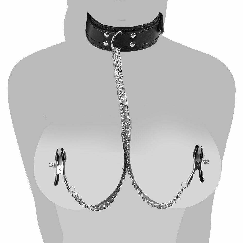 Classic PU Leather Collar And Alloy Nipple Clamps Set
