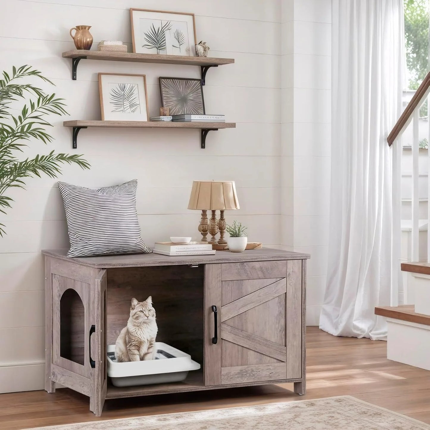Cat Litter Box Enclosure, Litter Box Furniture Hidden, Wooden Litter Cabinet with Divider