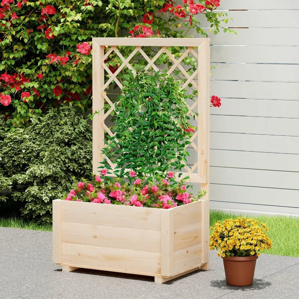 2PCS 40" Tall Wooden Raised Garden Bed w/Lattice Trellis for Climbing Vine