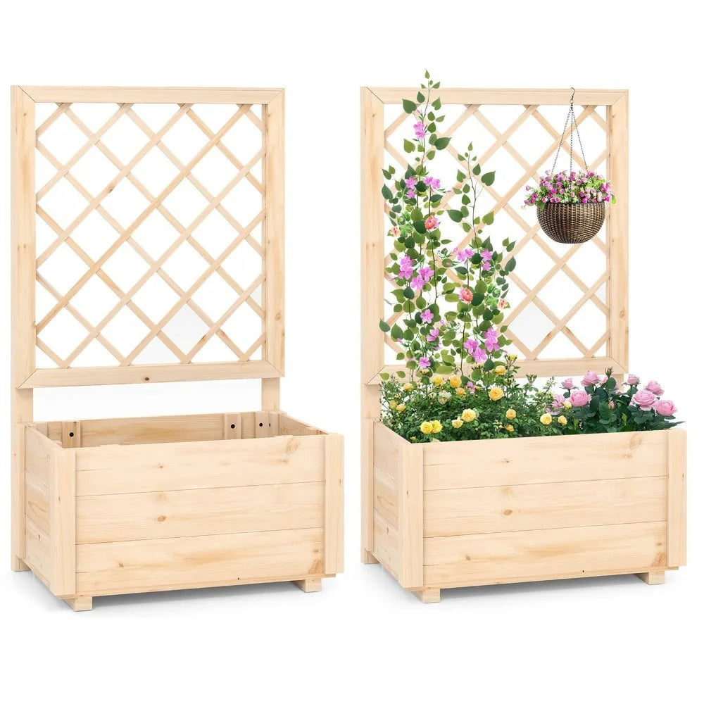 2PCS 40" Tall Wooden Raised Garden Bed w/Lattice Trellis for Climbing Vine