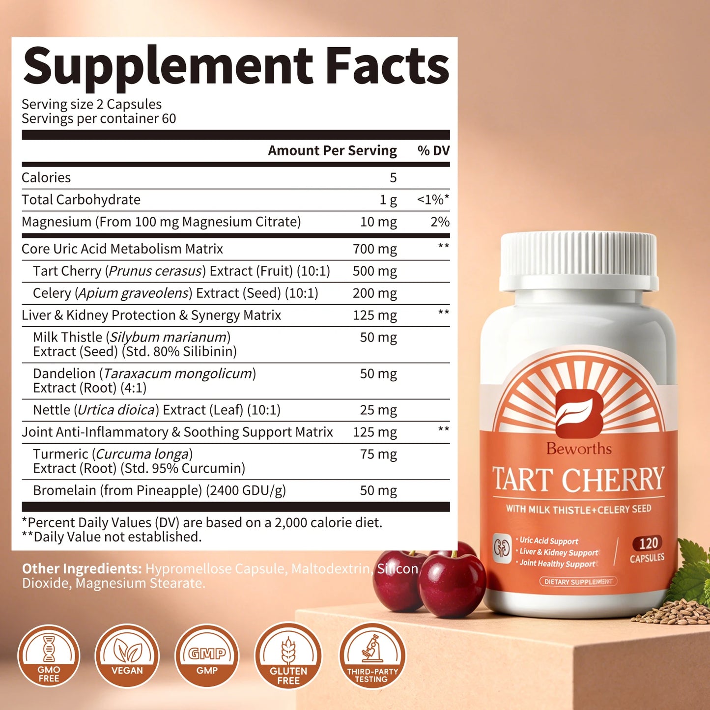 Beworths Tart Cherry Extract Pills Uric Acid Support Liver & Kidney Support Joint Healthy Support Natural Systemic Cleansing