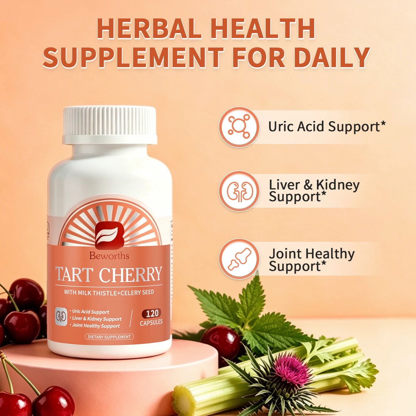 Beworths Tart Cherry Extract Pills Uric Acid Support Liver & Kidney Support Joint Healthy Support Natural Systemic Cleansing