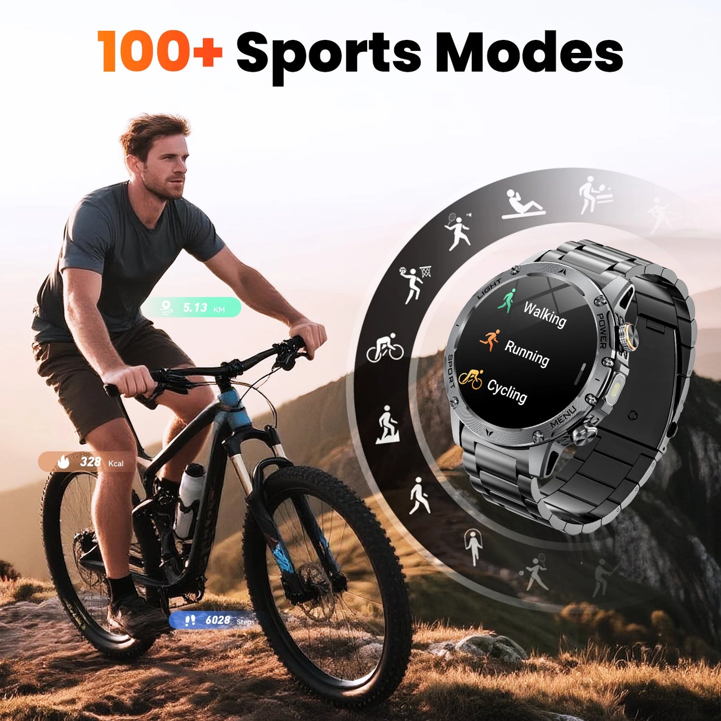 2026 Military Smart Watch Men 1.7" HD Screen 1000mAh 100+ Sport Modes Bluetooth Call Flashlight 24H Health Monitor Waterproof Smartwatch