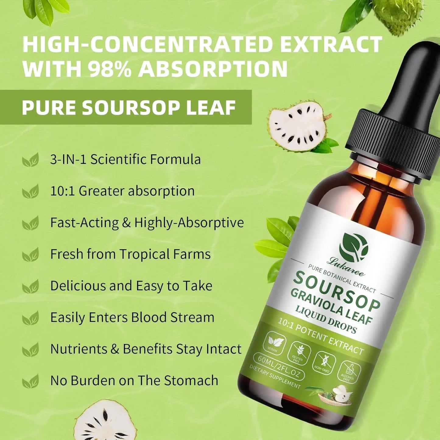 Lukaree Pure Soursop Graviola Leaf Drop with Cold Extractfor Immunity, Gut Health & Natural Energy Support Vegan Gluten-Free