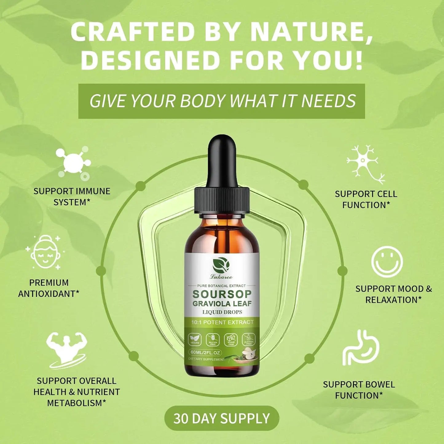 Lukaree Pure Soursop Graviola Leaf Drop with Cold Extractfor Immunity, Gut Health & Natural Energy Support Vegan Gluten-Free