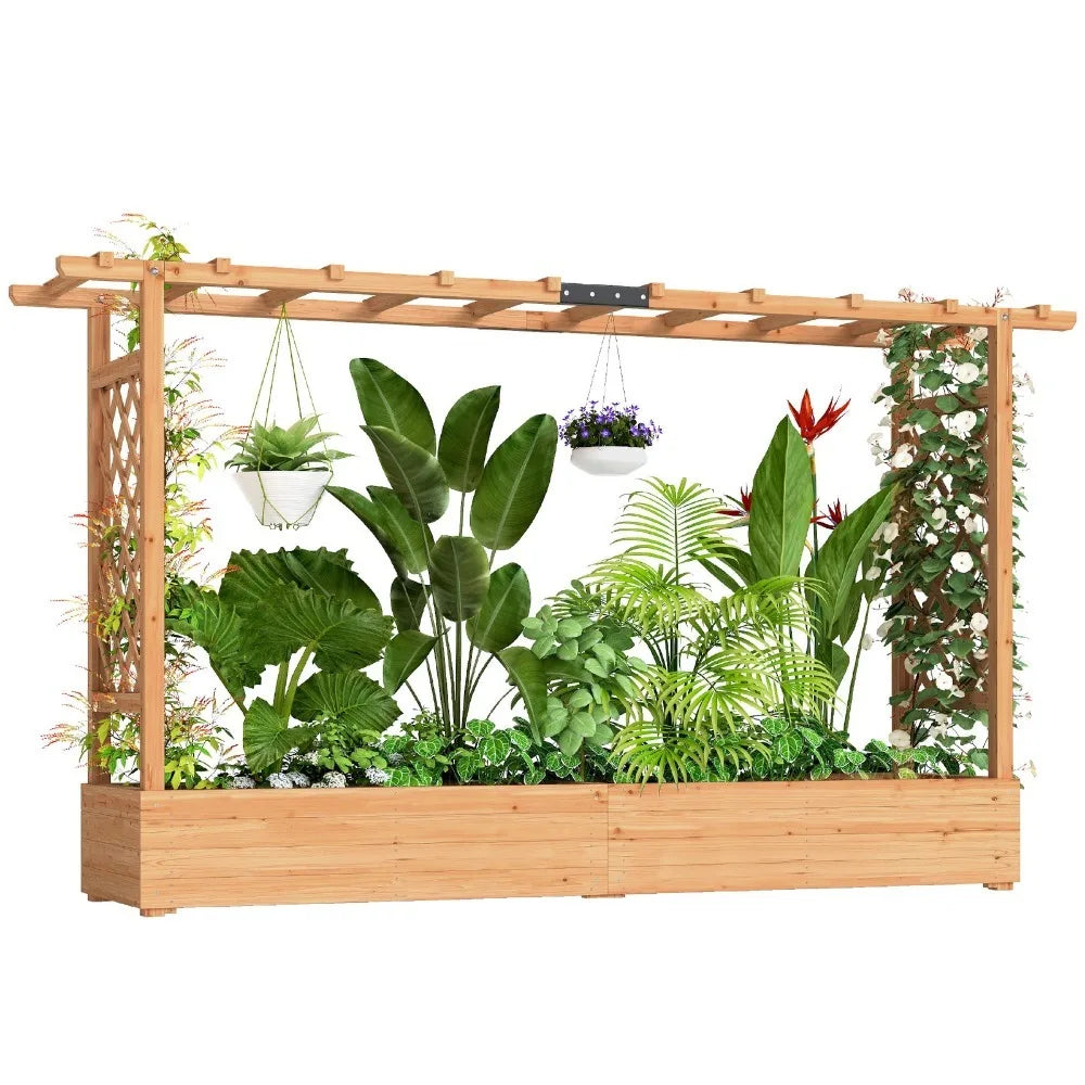 Wooden Planter Box with Trellis, Raised Garden Bed with Hanging Roof